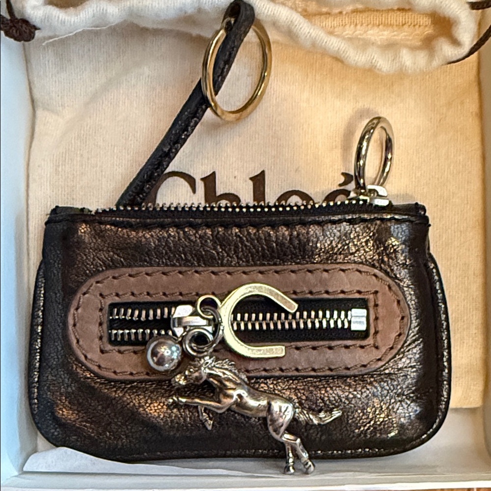 RARE Chloe Metallic Black and Brown Leather Key Holder with Charm